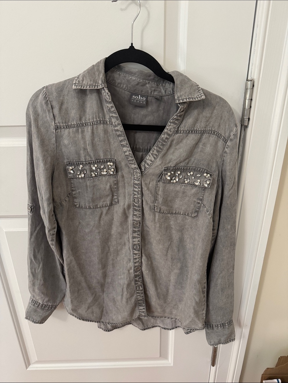 Soho Grey Jeweled Pocket Denim Shirt Jacket